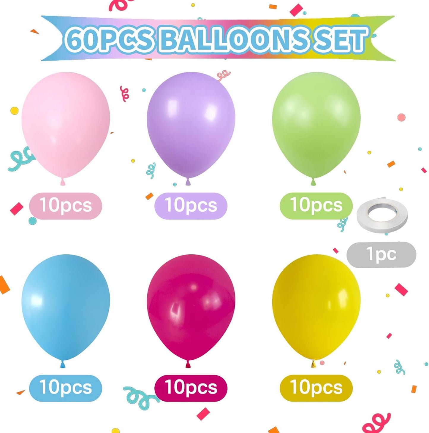 Colorful Rainbow Balloons Assorted Pink Blue Yellow Green Balloons 60PCS 12INCH Hot Pink Pastel Purple Light Blue Latex Helium Balloon for Arch Birthday Party Decorations Baby Shower