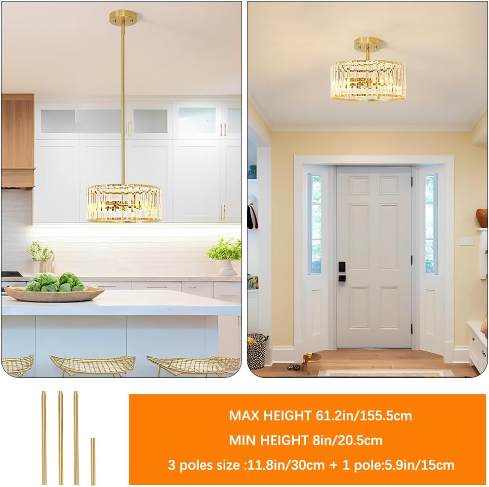 Gold Crystal Chandelier for Dining Room, 3-Light Modern Semi Flush Mount Ceiling Pendant Light Fixture, Round Pendant Lights Kitchen Island, Chandelier for Living Room Bedroom Hallway Entryway, E12