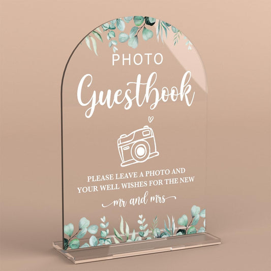 Acrylic Wedding Sign Photo Guestbook Signs for Ceremony Modern Calligraphy Arch Acrylic Table Top Signs for Wedding Reception and Event Party Table Decor (Eucalyptus Leaves)