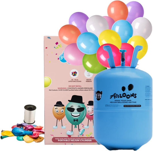 Airloons Helium Balloon Kit with 14.9 Cu Ft Tank – Includes 50 Multicolor 9 inch Latex Balloons, Ribbon & Easy to Fill Nozzle – Easy Setup for Birthdays, Weddings, Baby Showers, DIY Party Décor