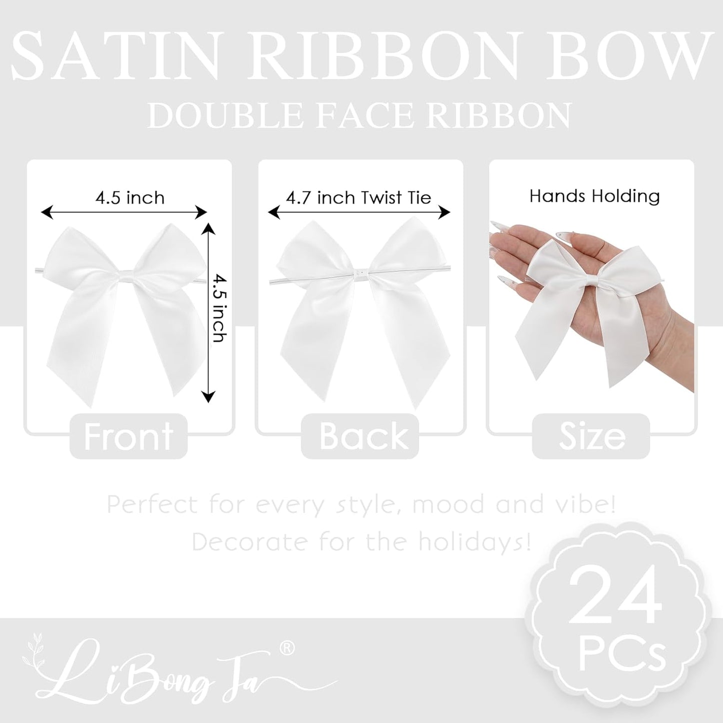 4.5" Satin Ribbon White Bows for Gift Wrapping, Twist Tie Bows, Cute Bows for Crafts, Party Favors, Premade Bows Pre-Tied Decorative Bows for Flower Bouquets Candy Apple Bows-24 Counts