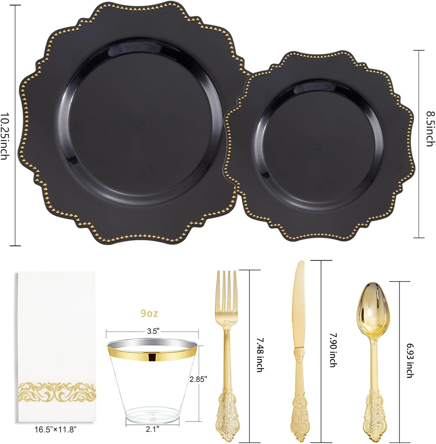 COLOSUS 175PCS Black Dinnerware set with Disposable Silverware for 25guests, Include 50 Dinner Plates 10.25”, 50 Dessert Plates 8.5”, 50 Cups 9 OZ, 50 Napkins,50 Plastic Silverware for Halloween Party
