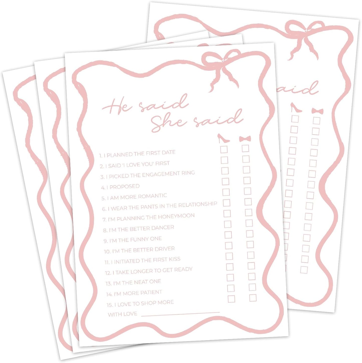 DEEKA 30 PCS Bridal Shower Games Card for 30 Guests White Pink Wavy Border Ribbon Bow Funny Wedding Bachelorette Party Games for Reception (He Said She Said)