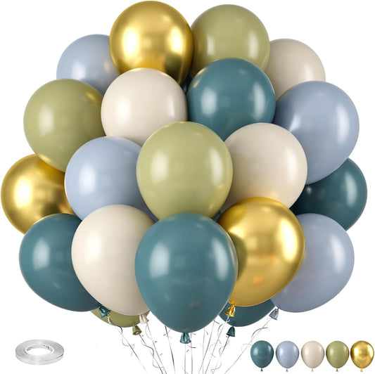 Dusty Blue Green Balloon, Sage Green and Retro Blue Balloons, Sand White Metallic Gold Sea Balloons for Women Men Boho Birthday Wedding Baby Shower Jungle Safari Wild Party Decorations