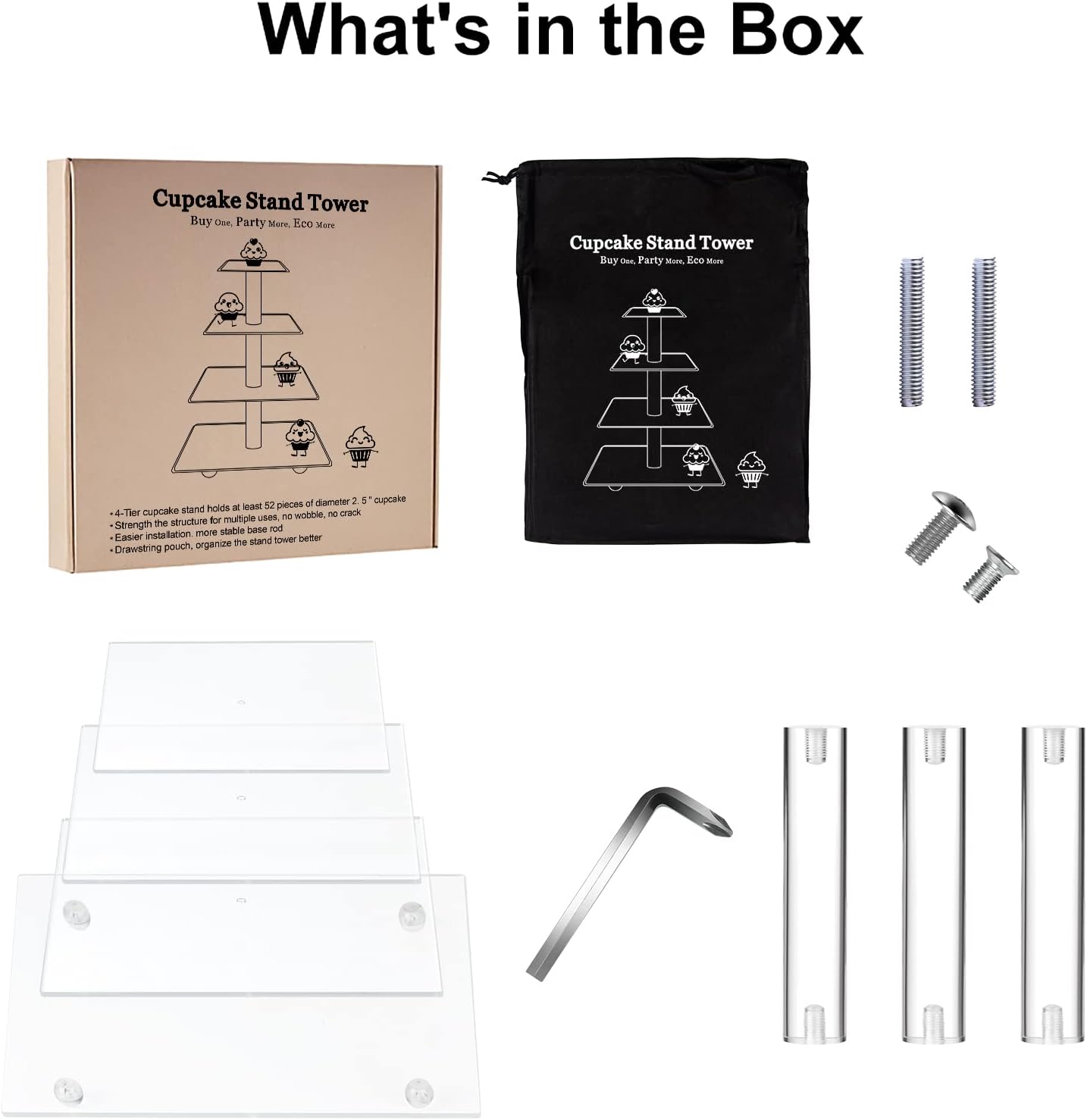 Cupcake Stand, 4 Tier Square Acrylic Cupcake Display Stand Holder, Clear Dessert Pastry Tower for Wedding, Birthday, Theme Party, Baby Shower