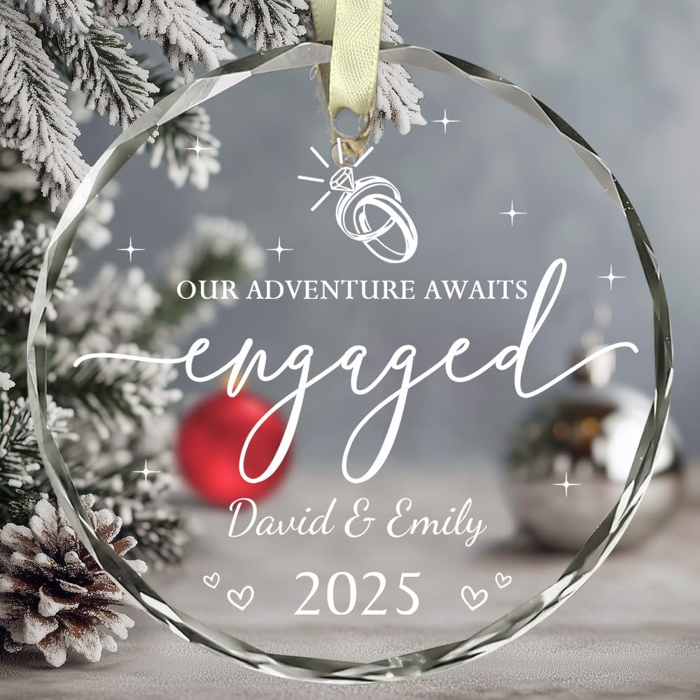 Personalized Engagement Gifts For Couples - Newly Engaged Couples Christmas Ornaments - Happy Engagement Ornament For Her, Bride, Bride To Be, Friends - Just Engaged Glass Ornament