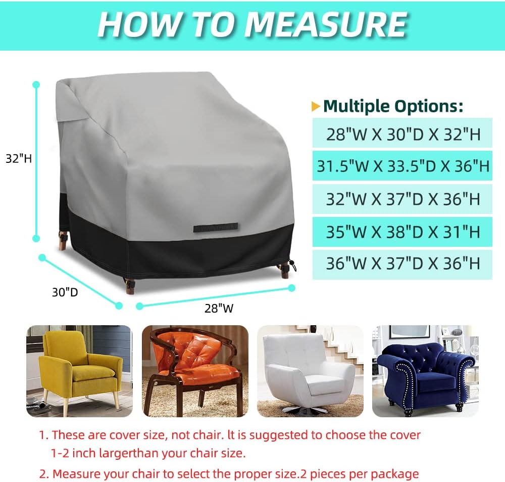 Patio Swivel Chair Cover Waterproof 2 Pack, 600D Heavy Duty Outdoor Furniture Covers for Universal Lawn/Deck/Garden/Backyard Fits up 28" W*30" D*32" H, Gray/Black