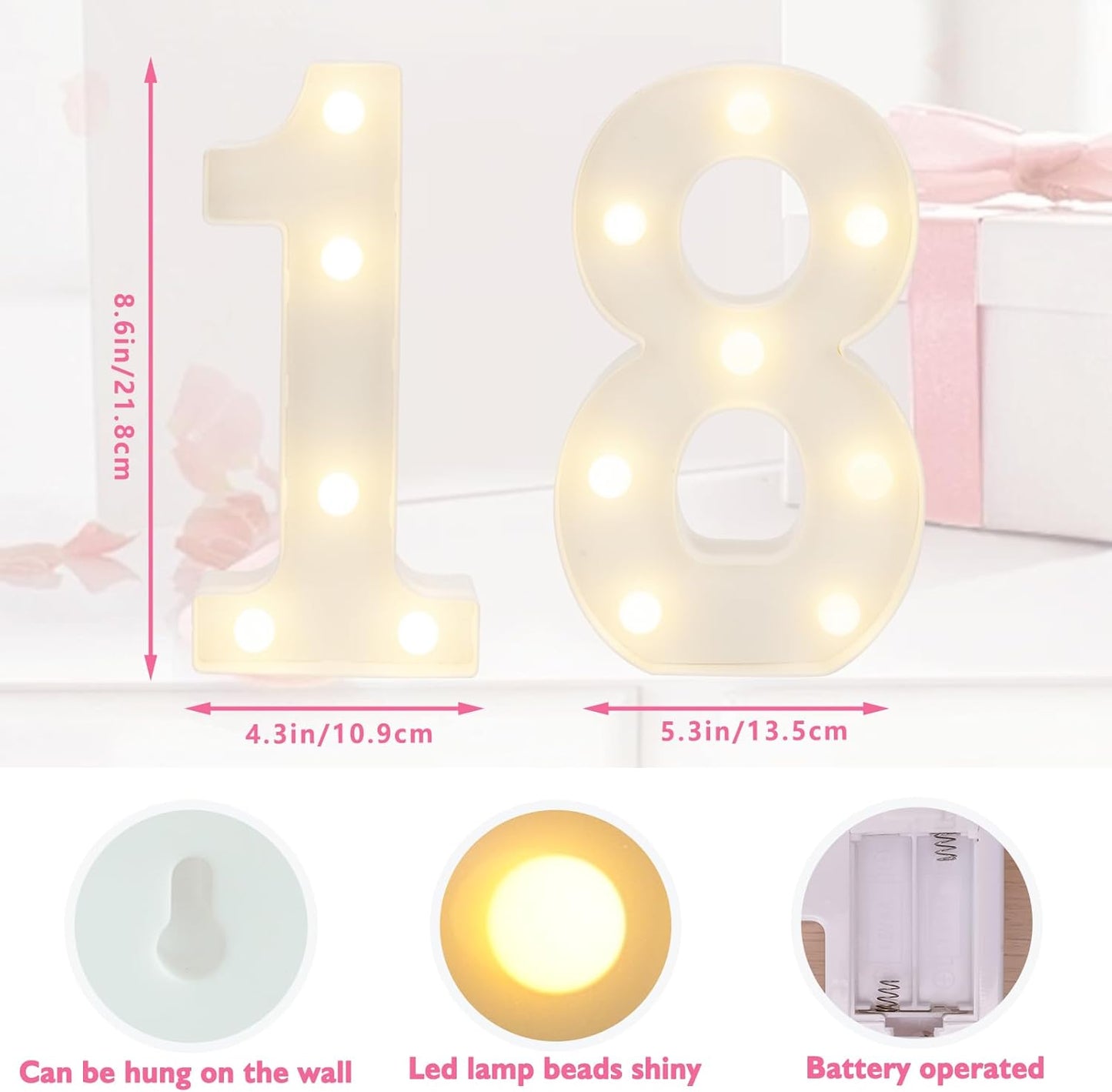 LED Marquee Letter Lights, Decorative Light Up Numbers for 18th Birthday Party, Battery Operated, Warm White Small Marquee 18 Sign for Anniversary Decorations