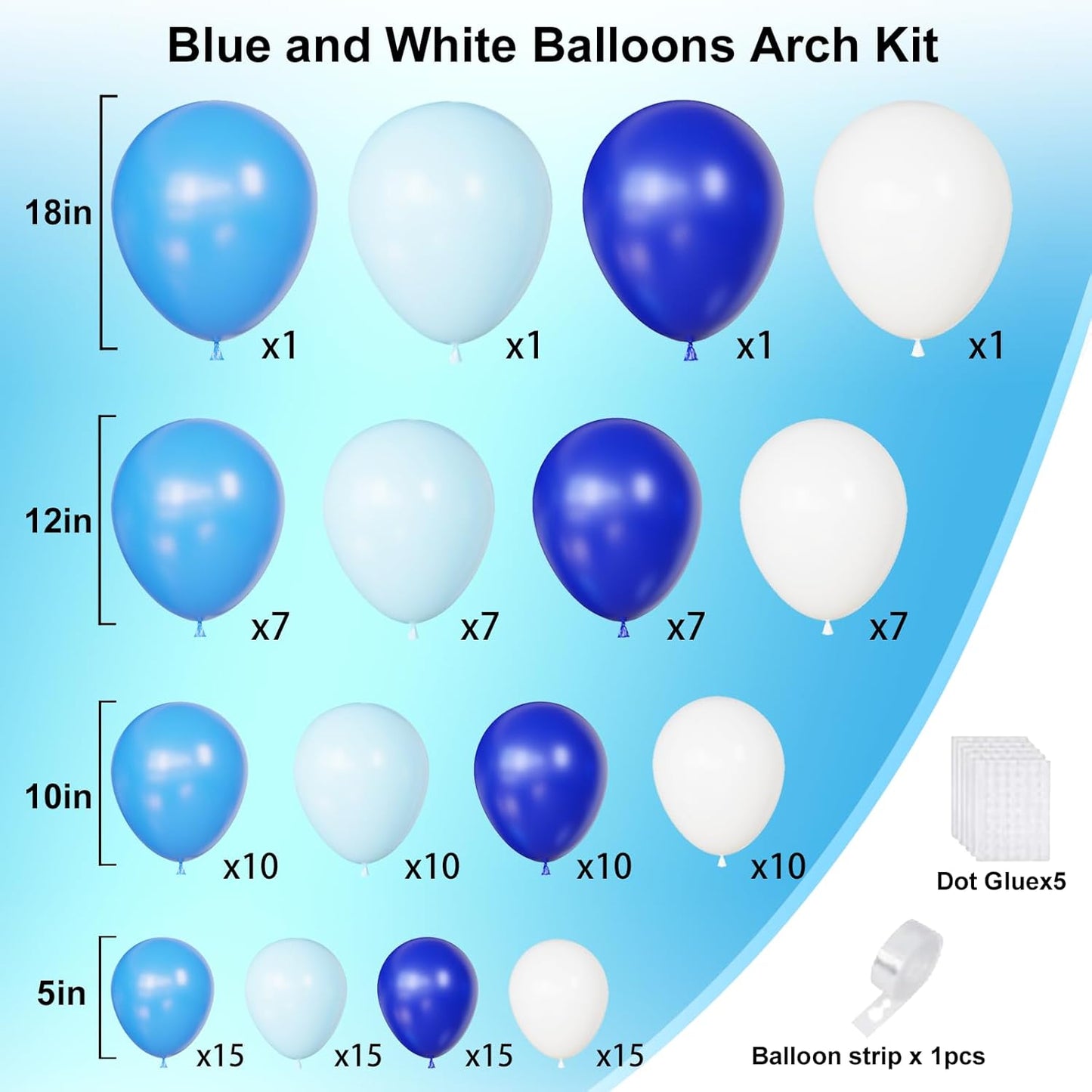 Blue and White Balloons Garland Arch Kit, Blue Balloon Arch Kit with Different Sizes for Baby Shower, Birthday, Graduation Party Decorations