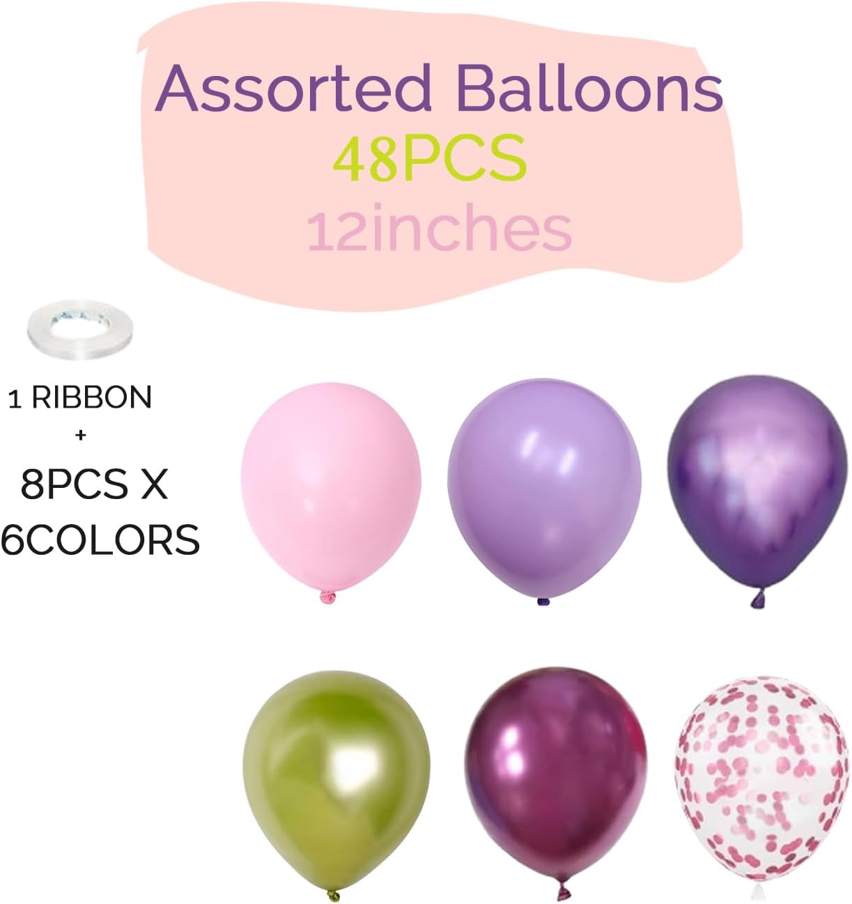 Light Pink Purple Green Balloons Birthday Party Decorations-48Pcs 12inch Assorted Metallic Hot Pink Purple Balloon,Confetti Latex Baloons Kit for Princess Witch Fairy Monster Garden Jungle Theme Party