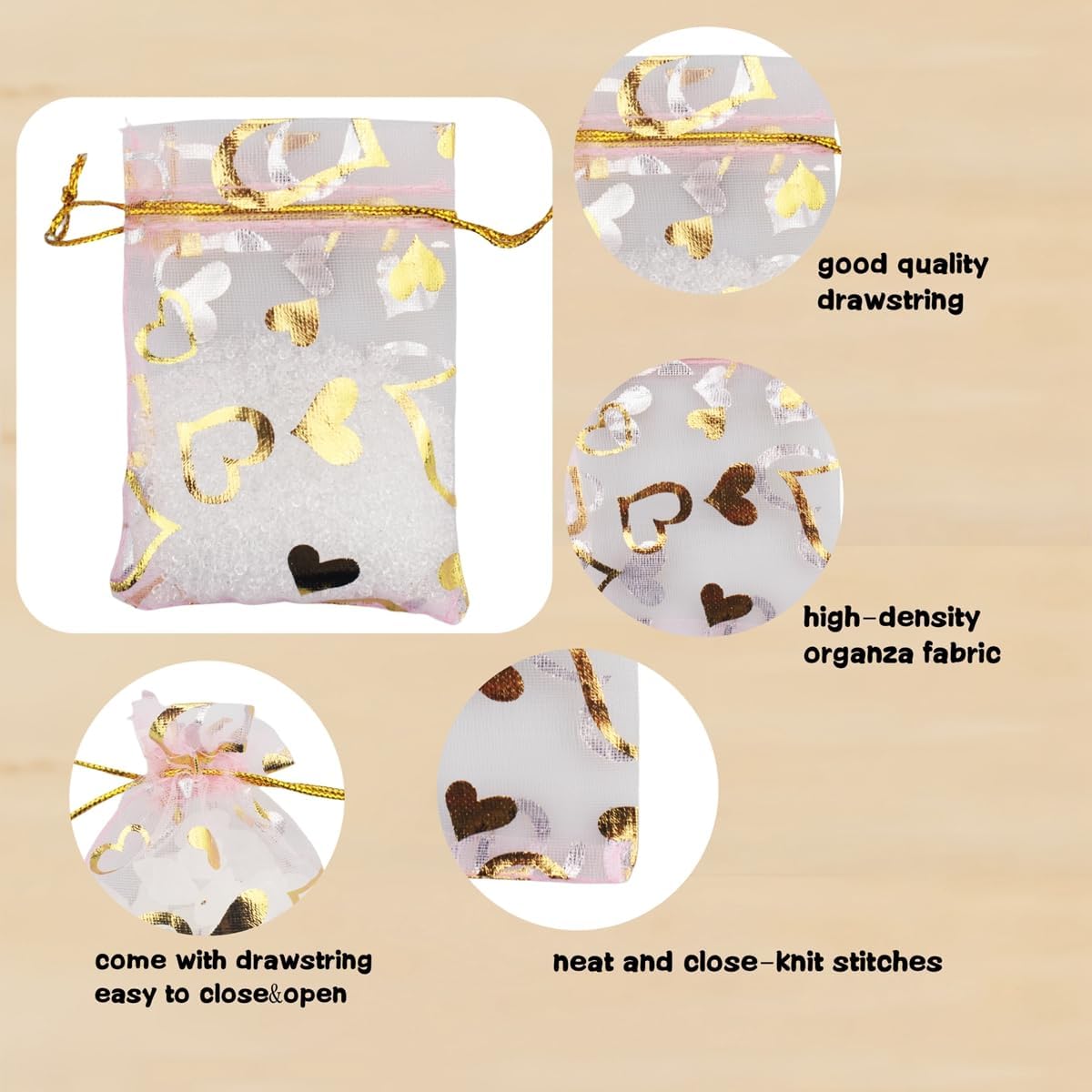 100 Pack 2.8 x 3.5 Inch Flower Heart Organza Jewelry Gift Pouch Candy Pouch Drawstring Wedding Favor Bags B511S (pink gold heart)