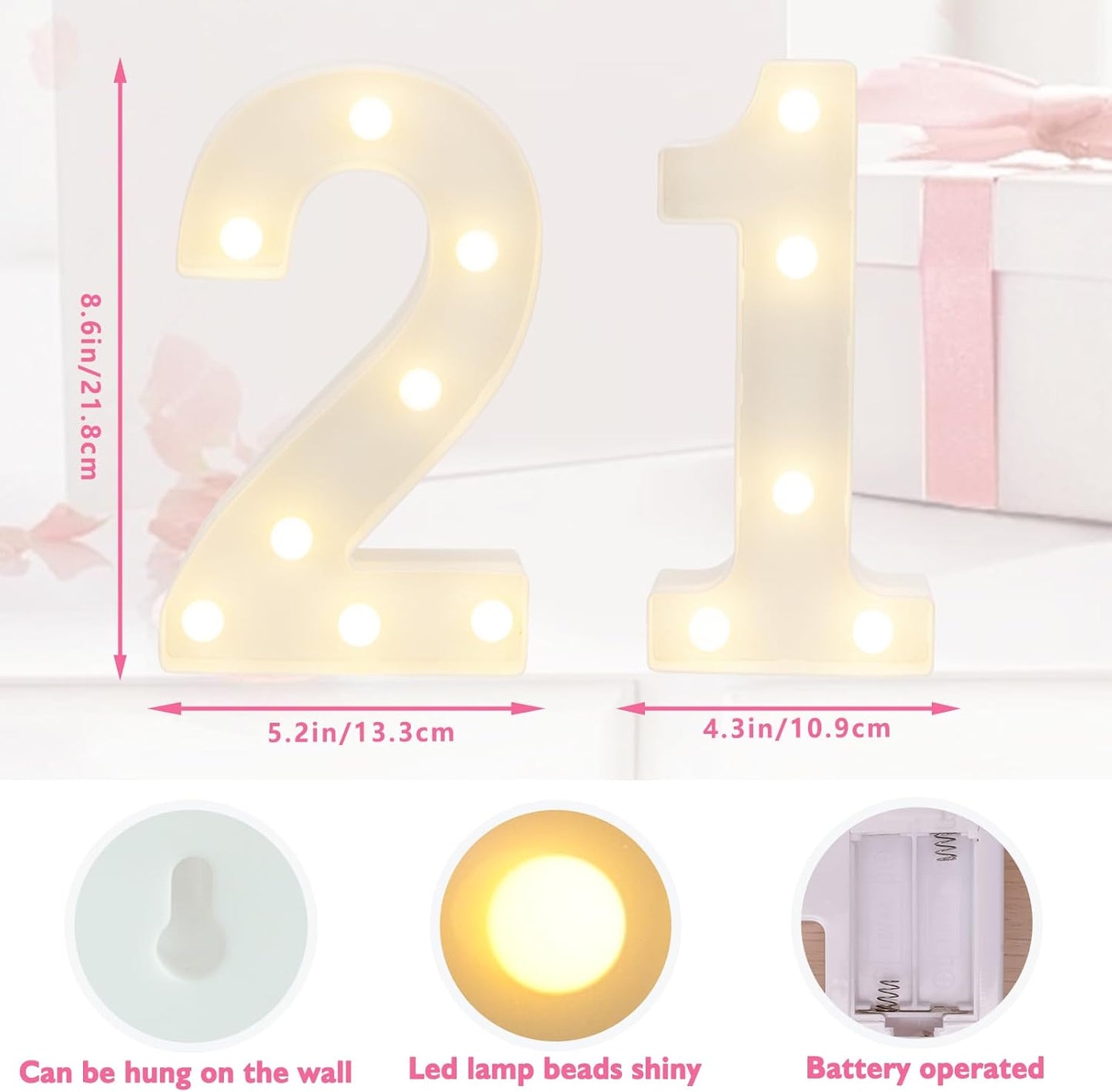 LED Marquee Letter Lights, Decorative Light Up Numbers for 21th Birthday Party, Battery Operated, Warm White Small Marquee 21 Sign for Anniversary Decorations