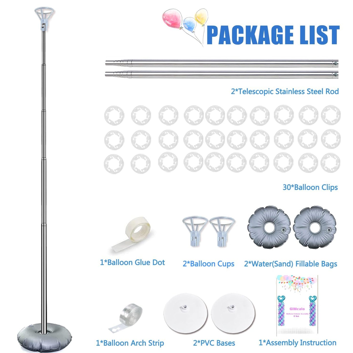GIMCALO Balloon Column Stand Kit Set of 2, 7ft Height Adjustable Balloon Arch Kit, Metal Telescopic