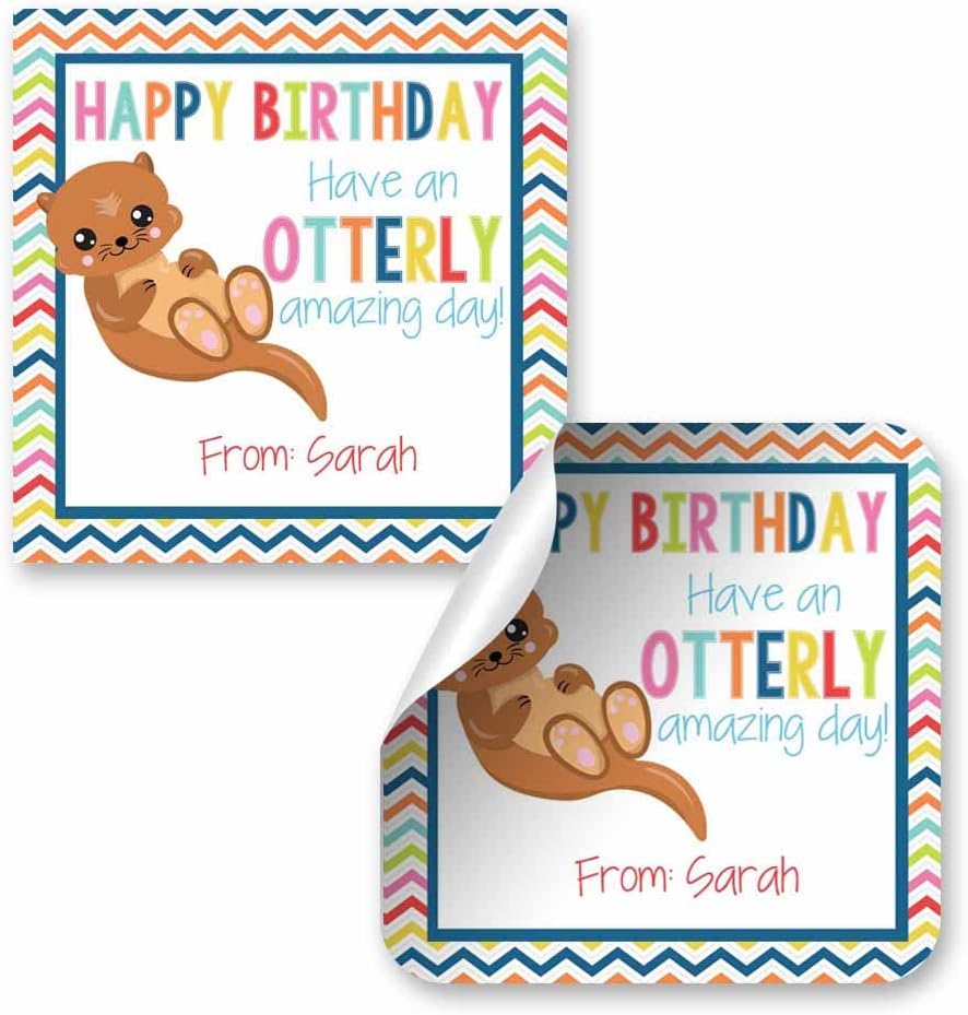Custom & Personalized Adorable Otter Otterly Amazing Happy Birthday Gift Tag Sticker Labels, 24 2.5" Square Stickers by Amanda Creation