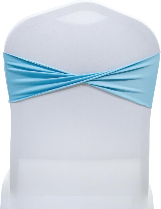 MDS Pack of 25 Spandex Chair Sashes Bows Elastic Stretch Dining Chair Bands Ties Without Slider Buckle Universal fits for Wedding Baby Shower Birthday Party Banquet Event Decoration - Blue