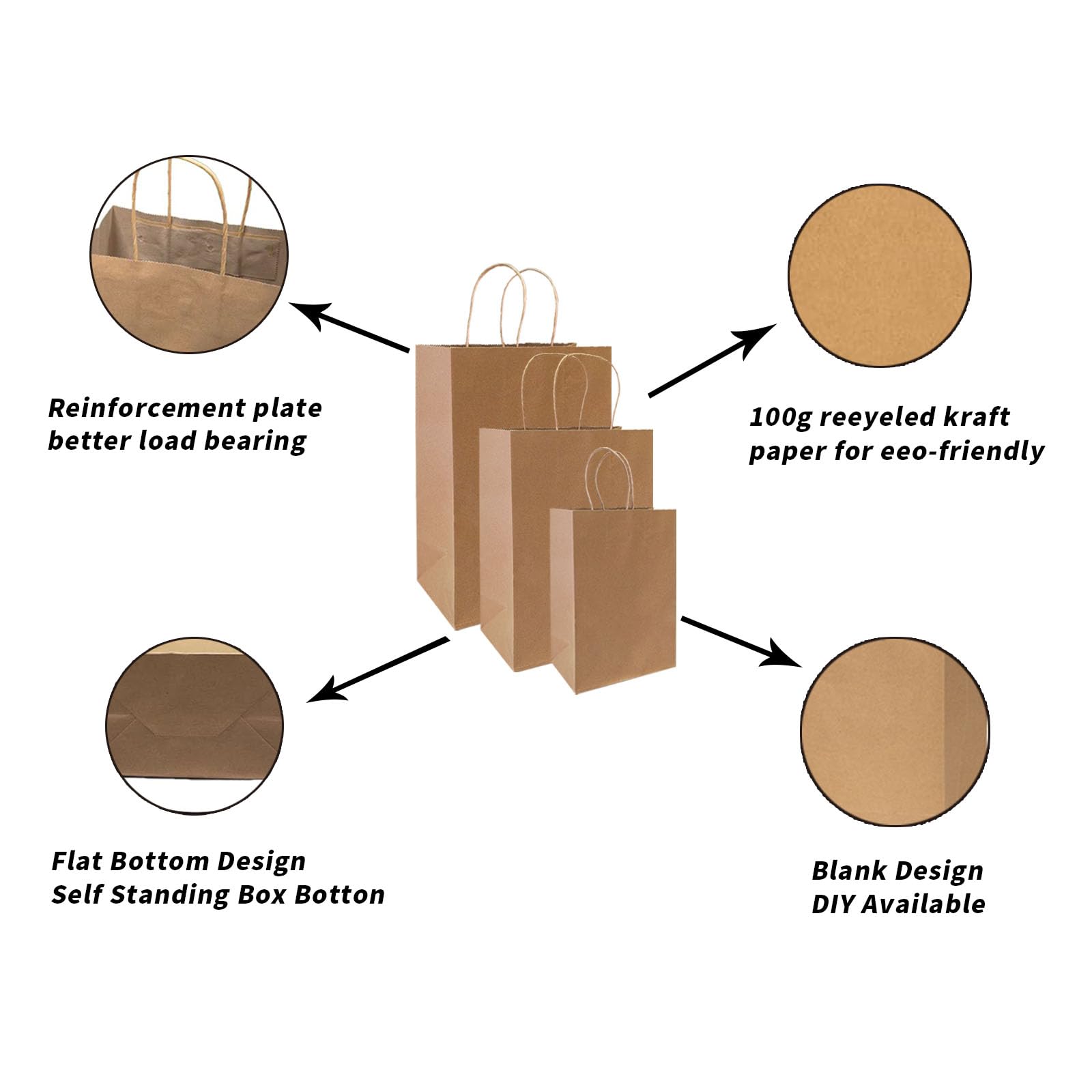 FACEBAG 90-Pack Brown Kraft Paper Bags with Handles Bulk, Assorted Sizes Gift