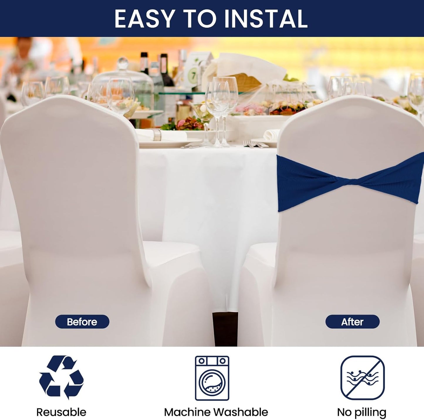 Kinlop 50 Pcs Spandex Chair Sashes Bows Chair Bands Slider Sashes for Covers Elastic Bands Ties Without Buckle Decorations for Wedding Party Events Ceremony Birthday(Navy Blue)