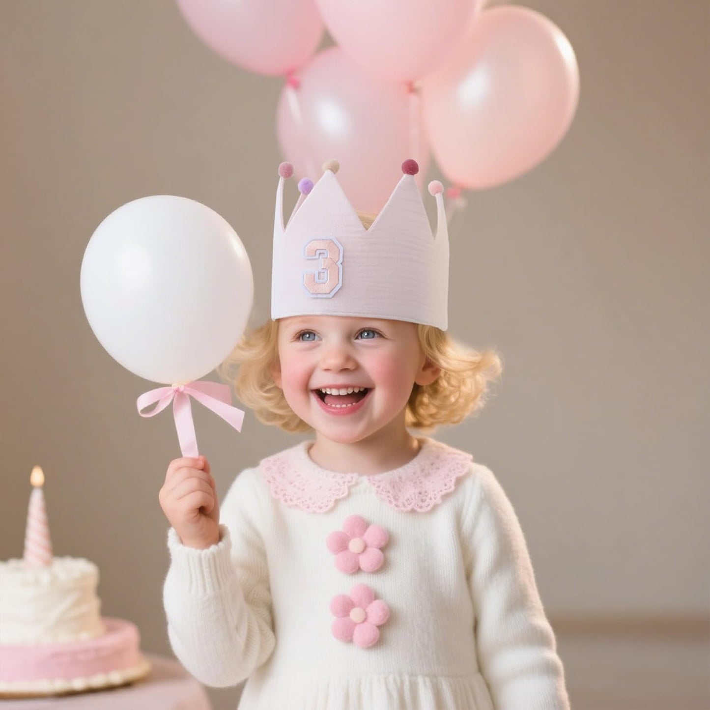 Muslin Crown Hat 1-3 Birthday For Baby Boy Girl Party Decoration Blue Pink Headband