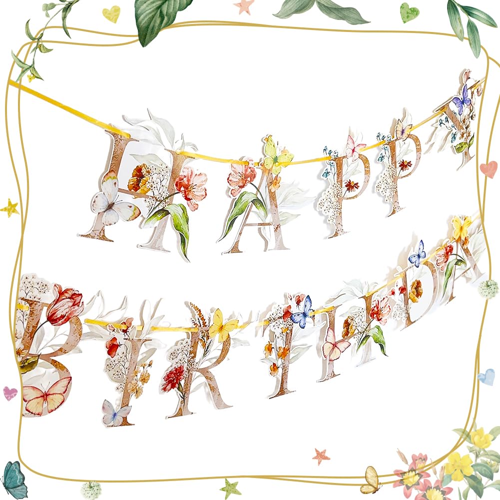 Flower Butterfly Happy Birthday Banner, Boho Groovy Floral Birthday Sign