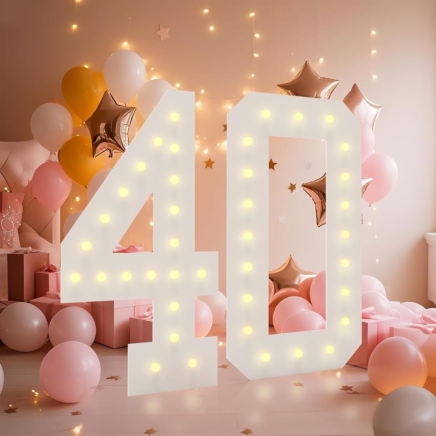 LOBOOM 4FT Light Up Numbers, Marquee Numbers 4 Feet Tall Giant Number 40 Mosaic Big Number Sign for 40th Birthday Party Backdrop Anniversary Decorations, Pre-Cut Large Frame 40