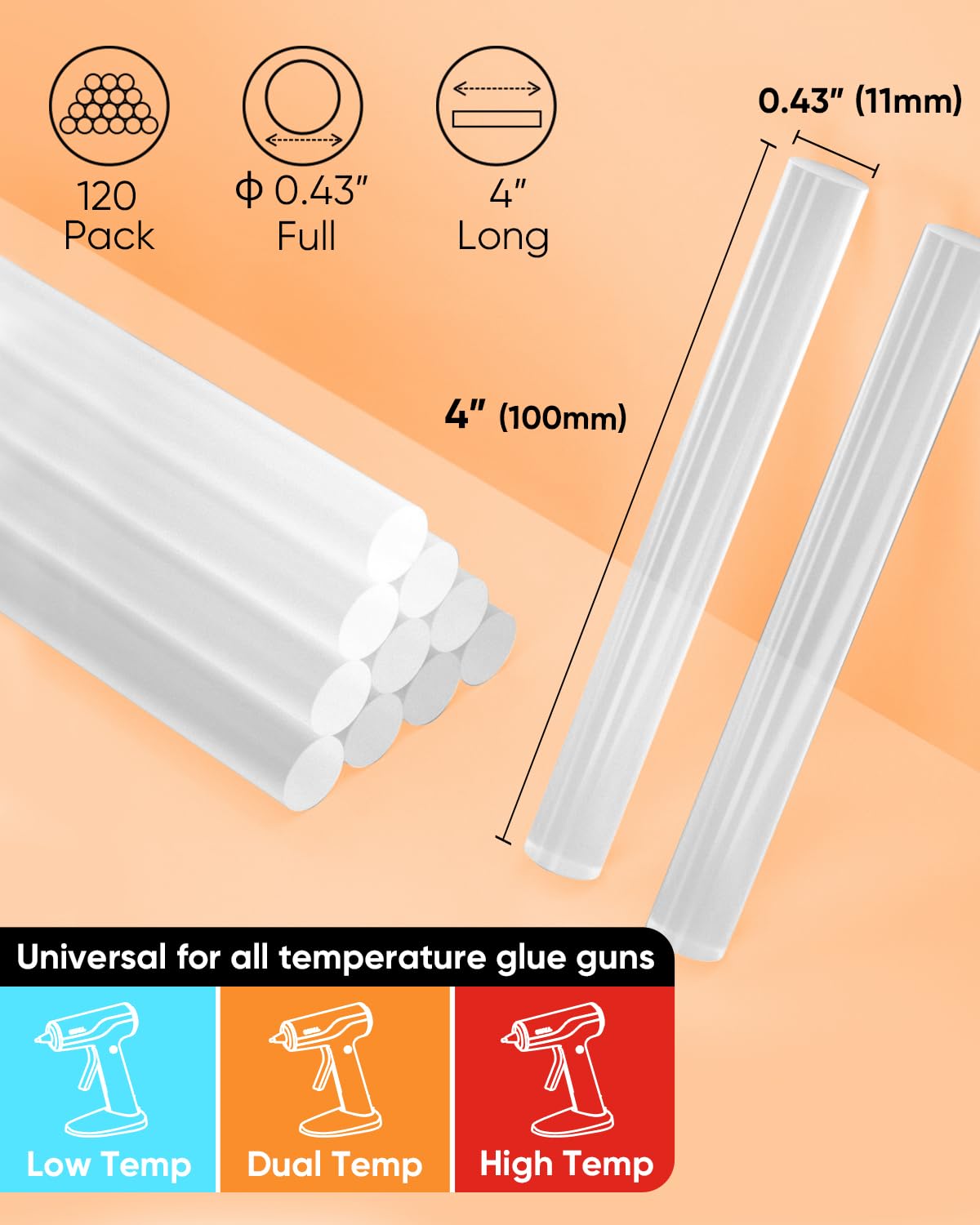SHALL Full Size Hot Glue Sticks, 0.43??Dia x 4??Long, 120-pack Clear Hot Melt Glue Gun Sticks for All-Temp Glue Guns, Multipurpose for Kids Adults DIY Art Craft Sealing Repairing Festival Decoration