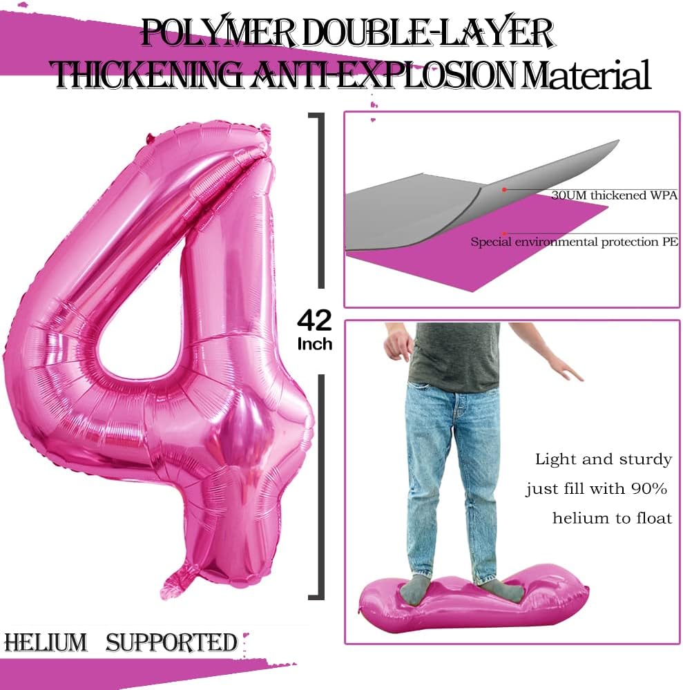 GOER Pink Foil Balloons Number 4,Huge Number Balloons for 4th 44th Birthday Party Supplies Anniversary Decorations(3 pcs,42 inch,32 inc,16inch)