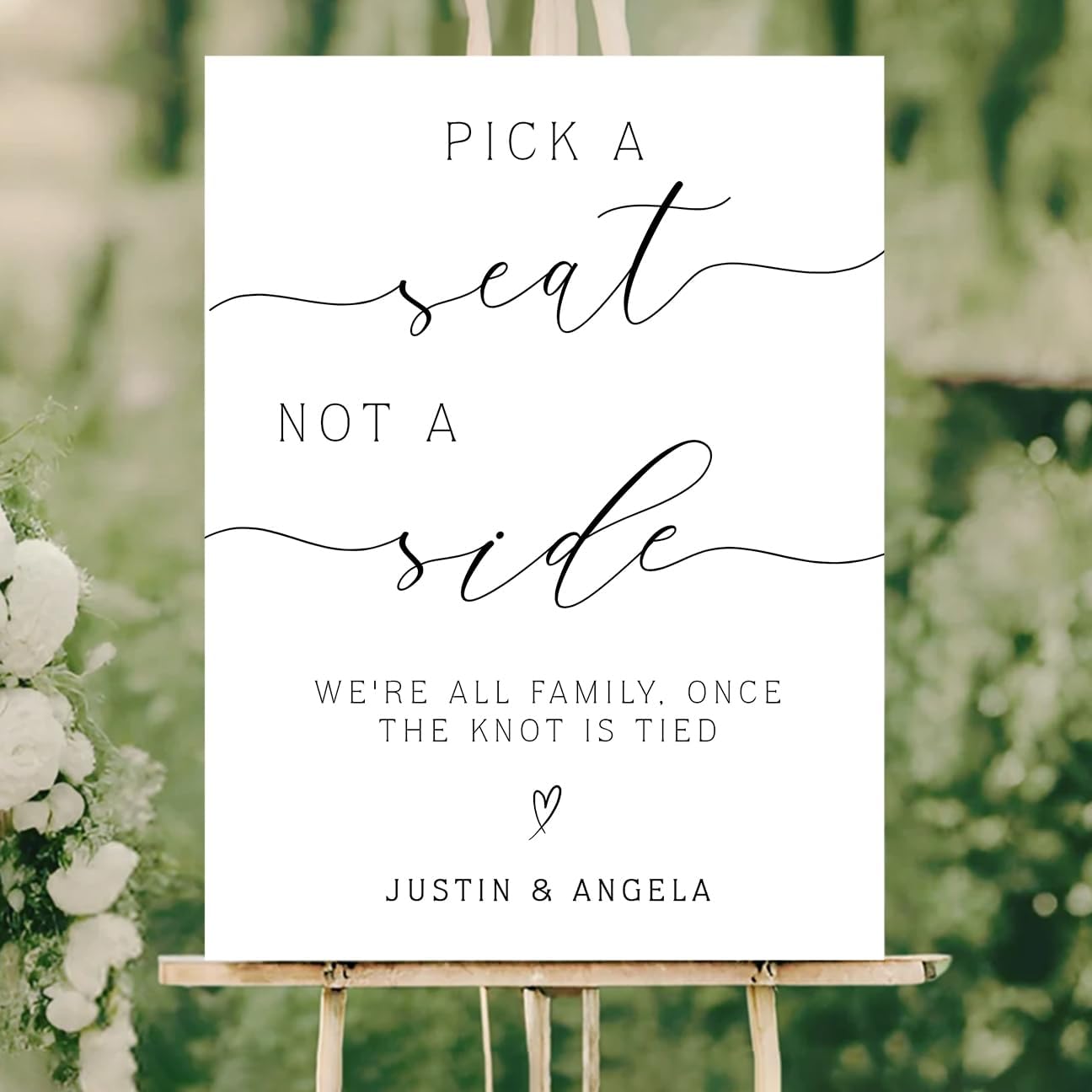 Pick a Seat Not a Side Wedding Yard Sign – Elegant Heart Design – Personalized Names – Acrylic or Plastic Outdoor Sign