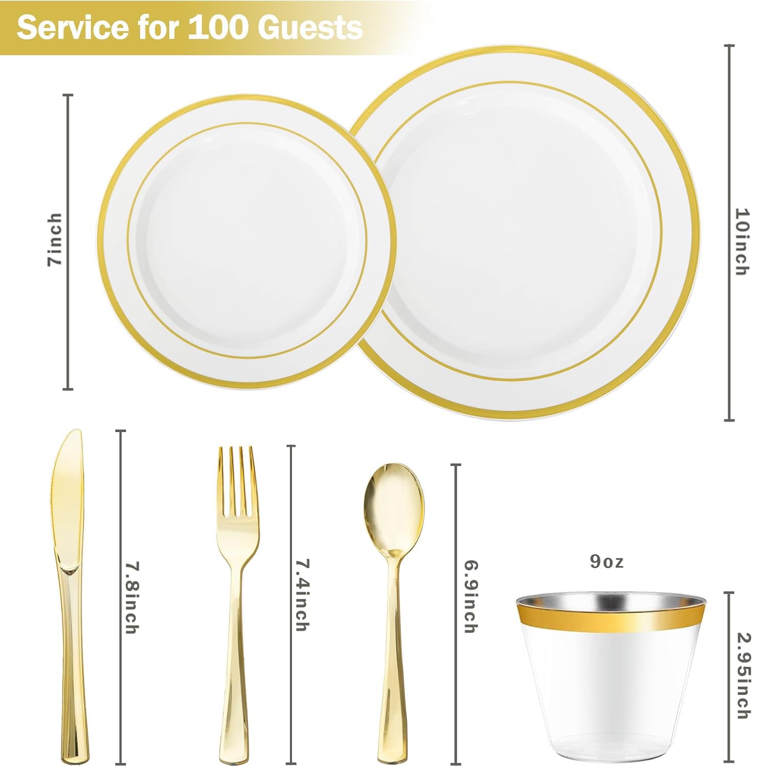 N9R 600PCS White and Gold Plastic Plates, Disposable Dinnerware Set