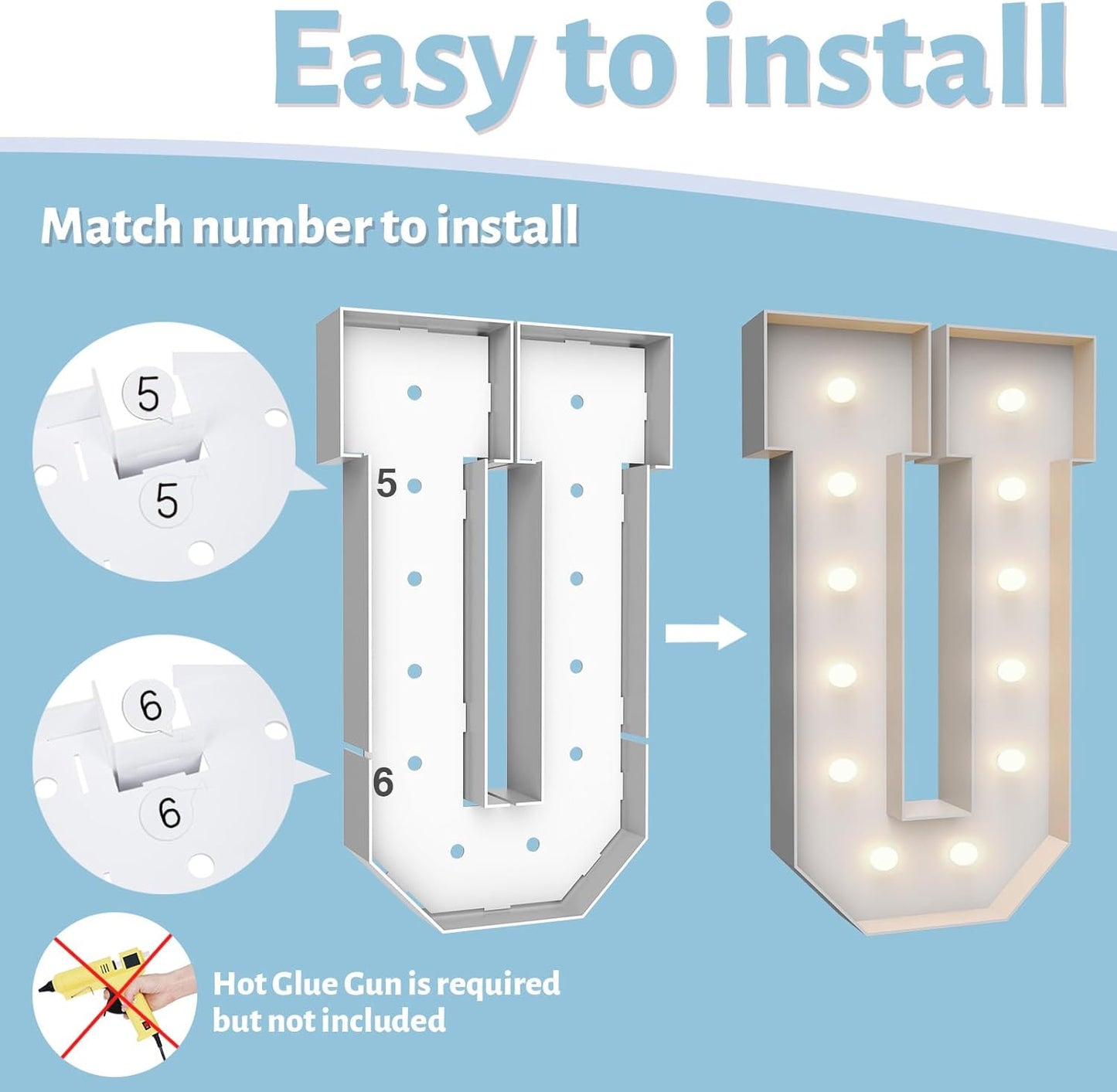 4FT Marquee Light Up Letters U,Party Decoration Large Marquee Light Up Letters with Weighted Water Bag,Pre-cut Foam Board Set Can Be Used for Birthdays,Weddings,Baby Anniversaries