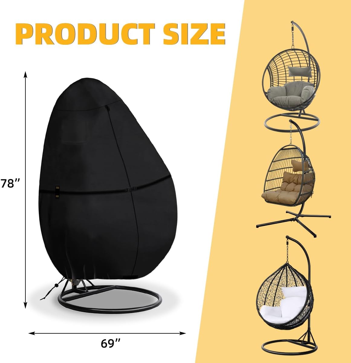Outdoor Egg Chair Cover Waterproof with Zipper, UV Resistant & Windproof All-Weather Hanging Egg Chair Cover, Fade and Tear Resistant Hanging Chair Covers, 78" x 69", Black