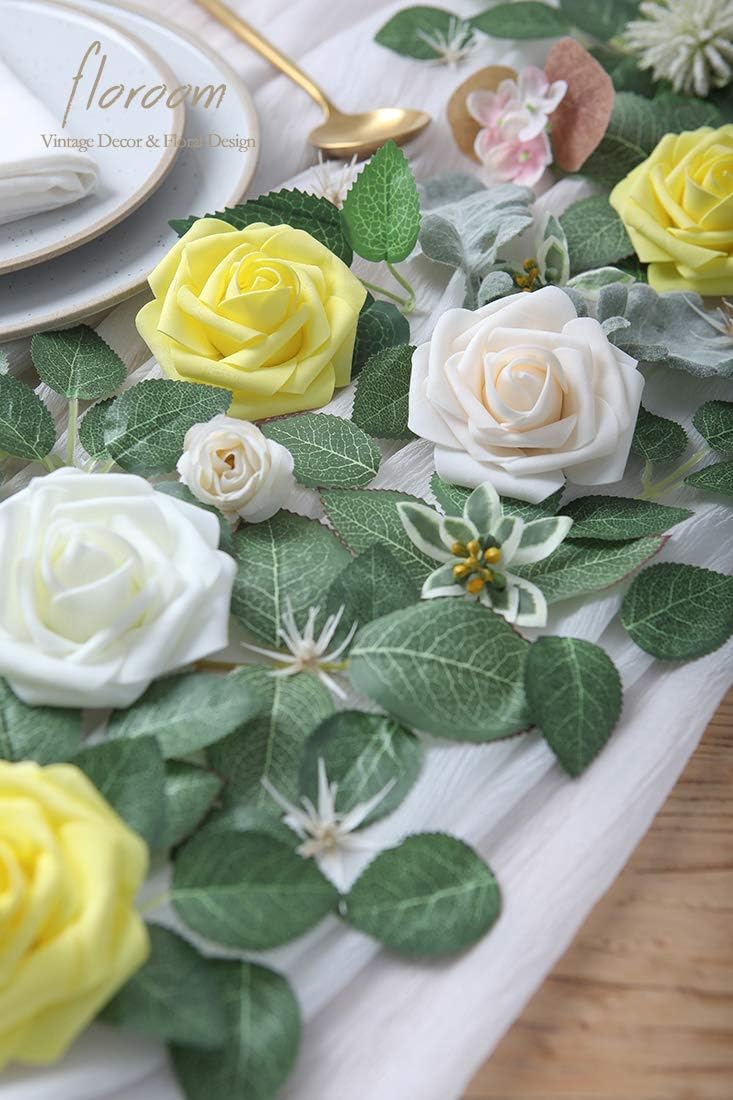 Floroom Artificial Flowers 25pcs Real Looking Canary Yellow Foam Fake Roses with Stems for DIY Wedding Bouquets Baby Shower Centerpieces Floral Arrangements Party Tables Home Decorations