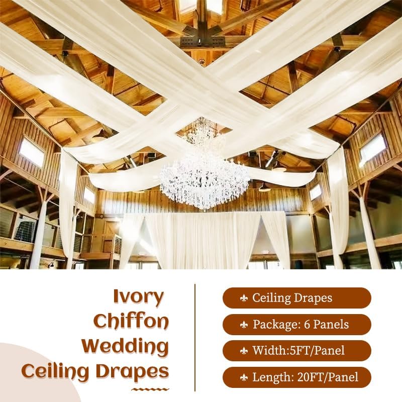 6 Panels Ivory Ceiling Drapes 5ftx20ft Wedding Ceiling Drapes Chiffon Fabric Arch Draping Sheer Curtains Soft Drapery Draping Wedding Ceiling Decorations for Party Ceremony Stage Swag