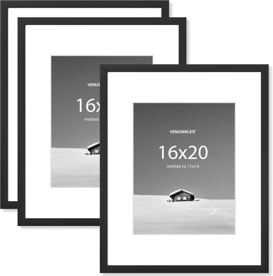 16x20 inch Picture Frame, 16x20 Photo Frames with 11x14 Removable Mat - High Definition Plexiglass - Vertical and Horizontal Display - Wall Hanging Frame - Black, 3 Pack