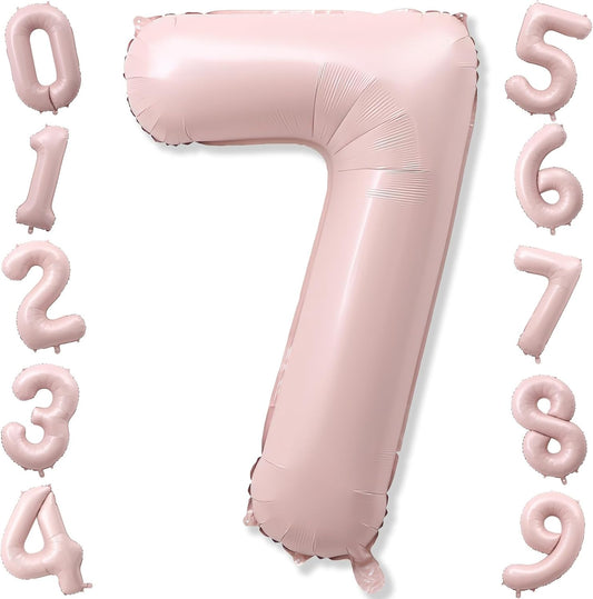 Light Pink Number Balloon 7, 40 Inch Large Self Inflating 7 Foil Number Balloons 0-9, Blush Pastel Pink Digital 7 Helium Balloon for Girls Women 7th Birthday Party Graduation Anniversary Decorations