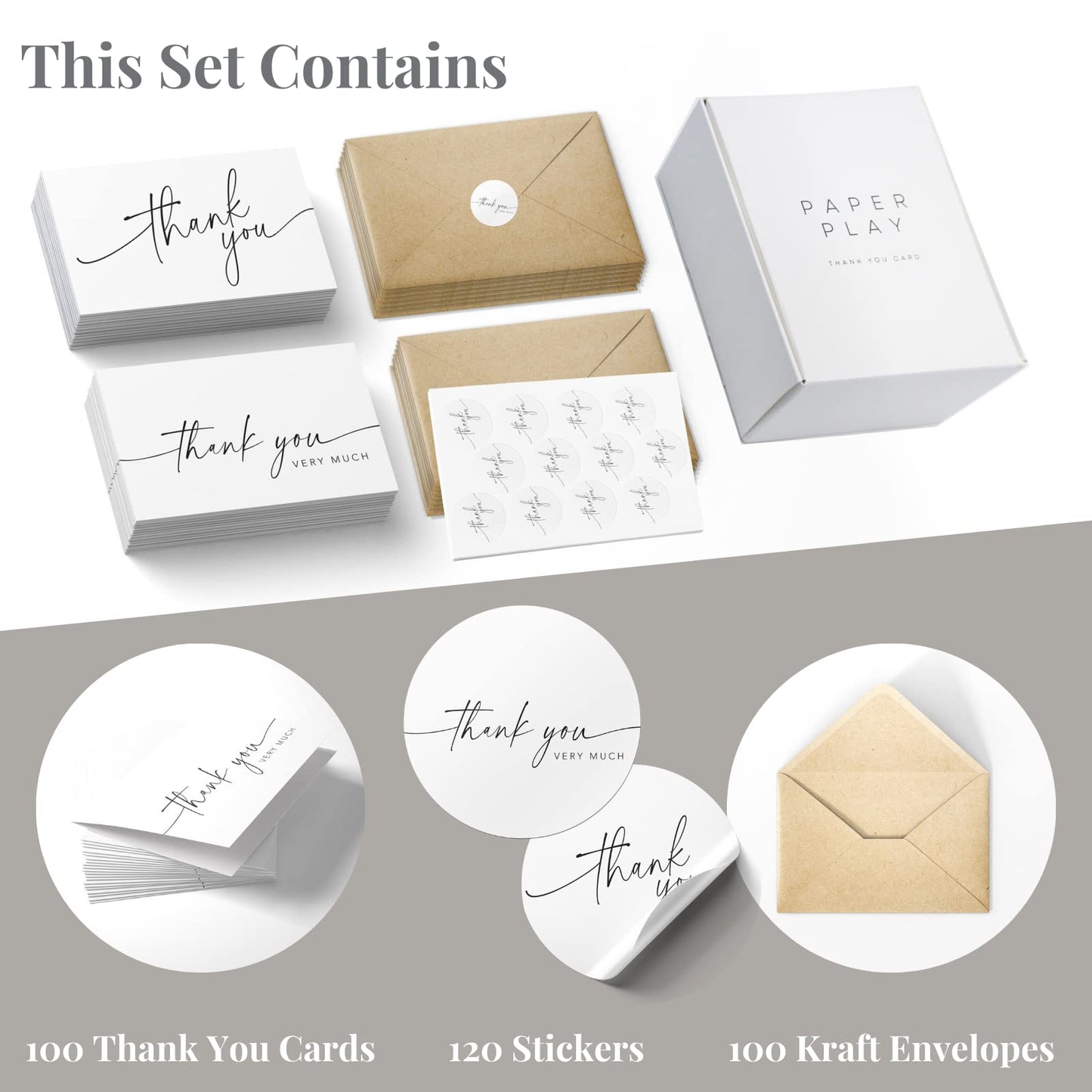 Thank You Cards with Envelopes & Matching Stickers, Bulk Pack of 100, 4x6 Inch Minimalistic Design