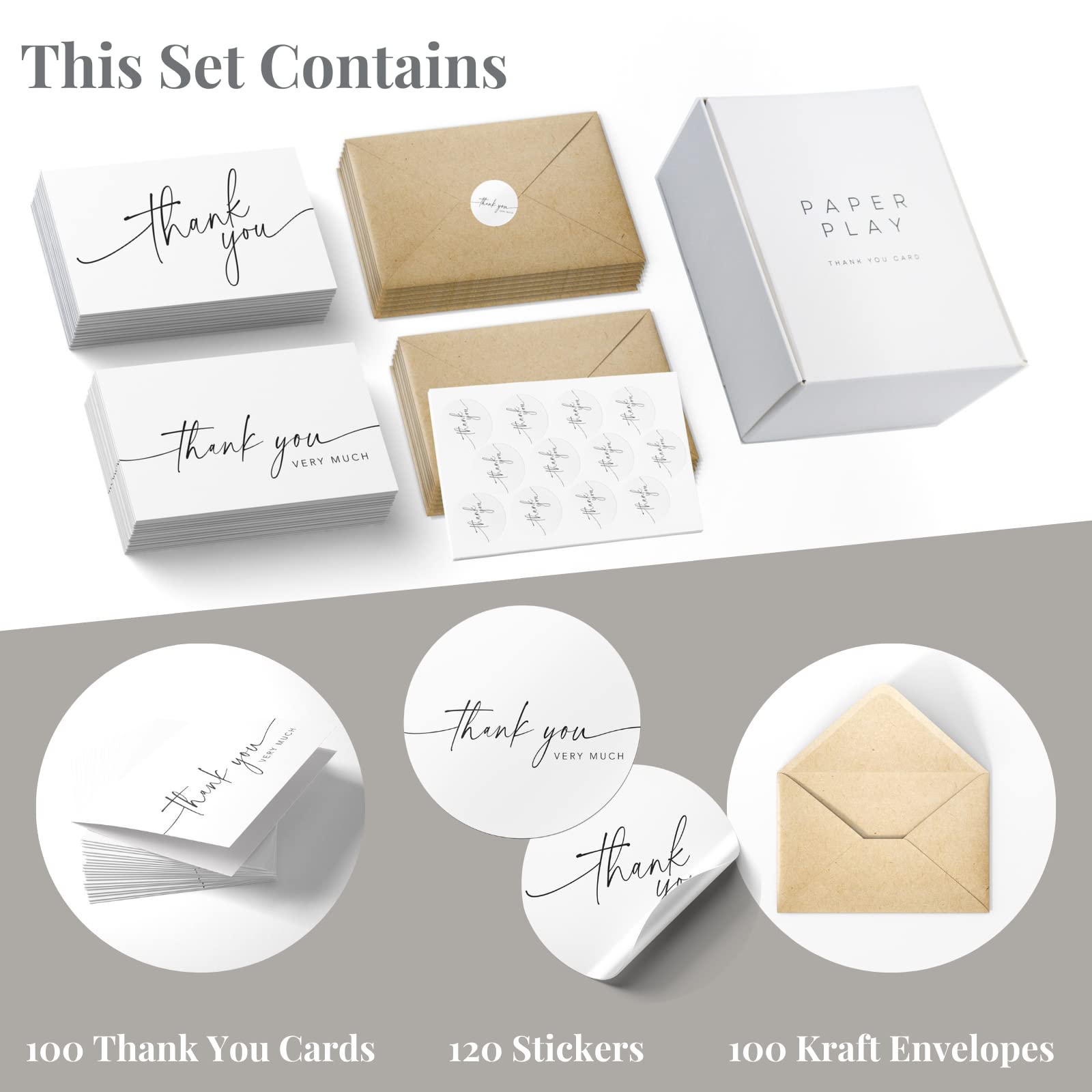 Thank You Cards with Envelopes & Matching Stickers, Bulk Pack of 100, 4x6 Inch Minimalistic Design