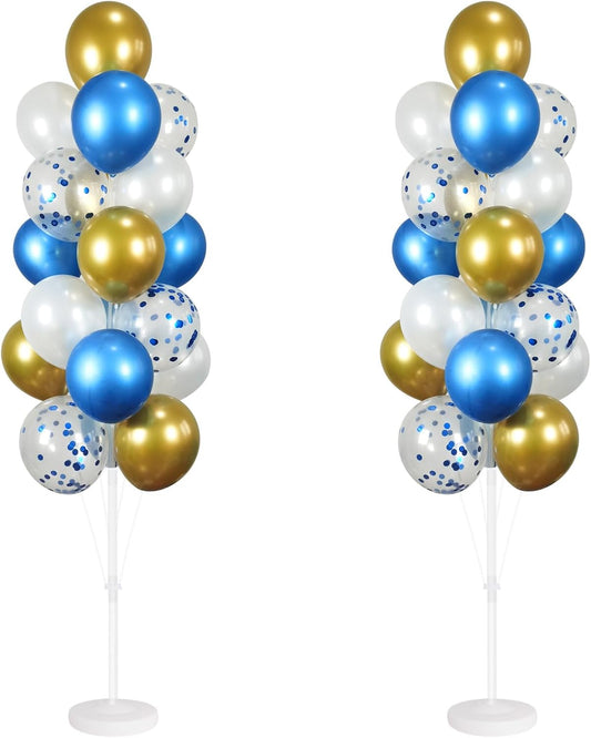 Balloon Column Kit Set of 2 With Confetti Balloons Included - with Base, and Pole,Balloon Tower Backdrop Decoration for Wedding, Baby Shower, Birthday Party, Bridal Shower(Metallic Blue Gold)