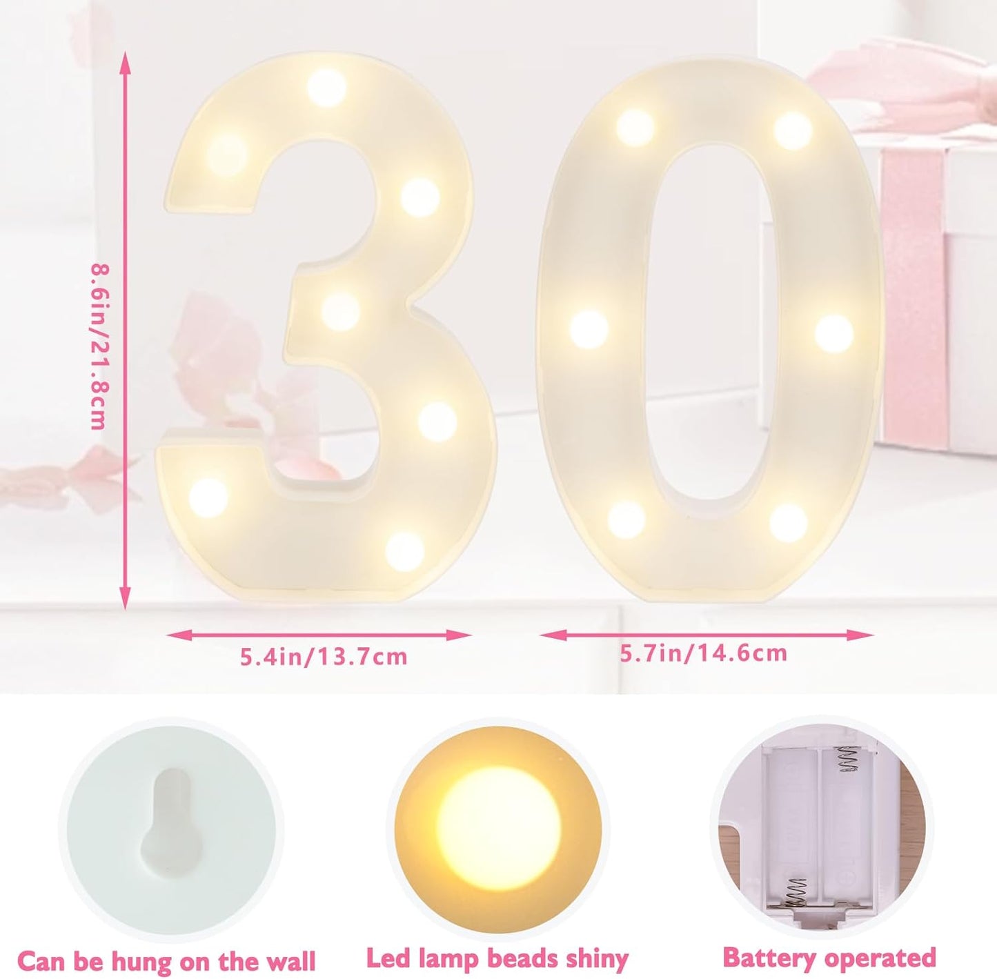 LED Marquee Letter Lights, Decorative Light Up Numbers for 30th Birthday Party, Battery Operated, Warm White Small Marquee 30 Sign for Anniversary Decorations