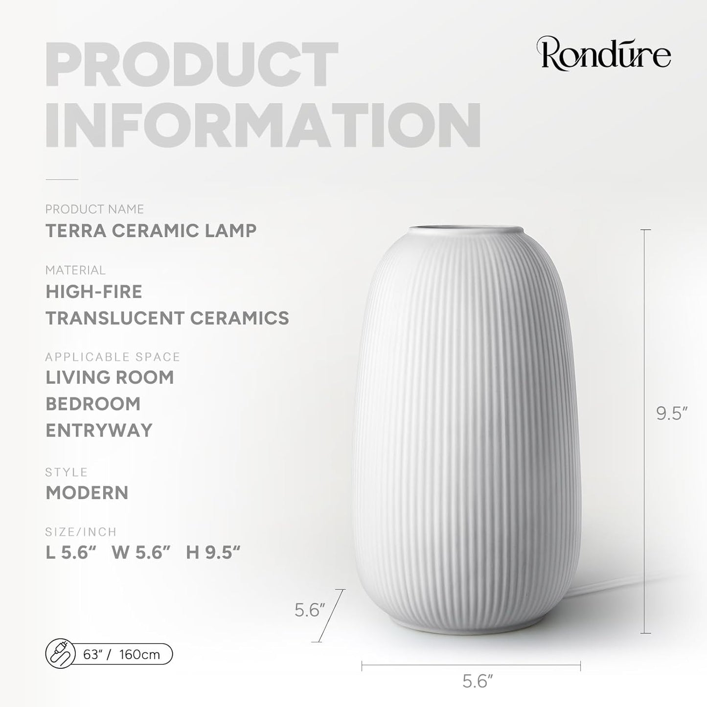 RONDURE 9.5" Modern Ceramic Table Lamp, Modern Bedside Lamps for Bedroom, Living Room and Nightstand, White Translucent Ceramic Shade, Warm Ambient Lighting, Home Decor