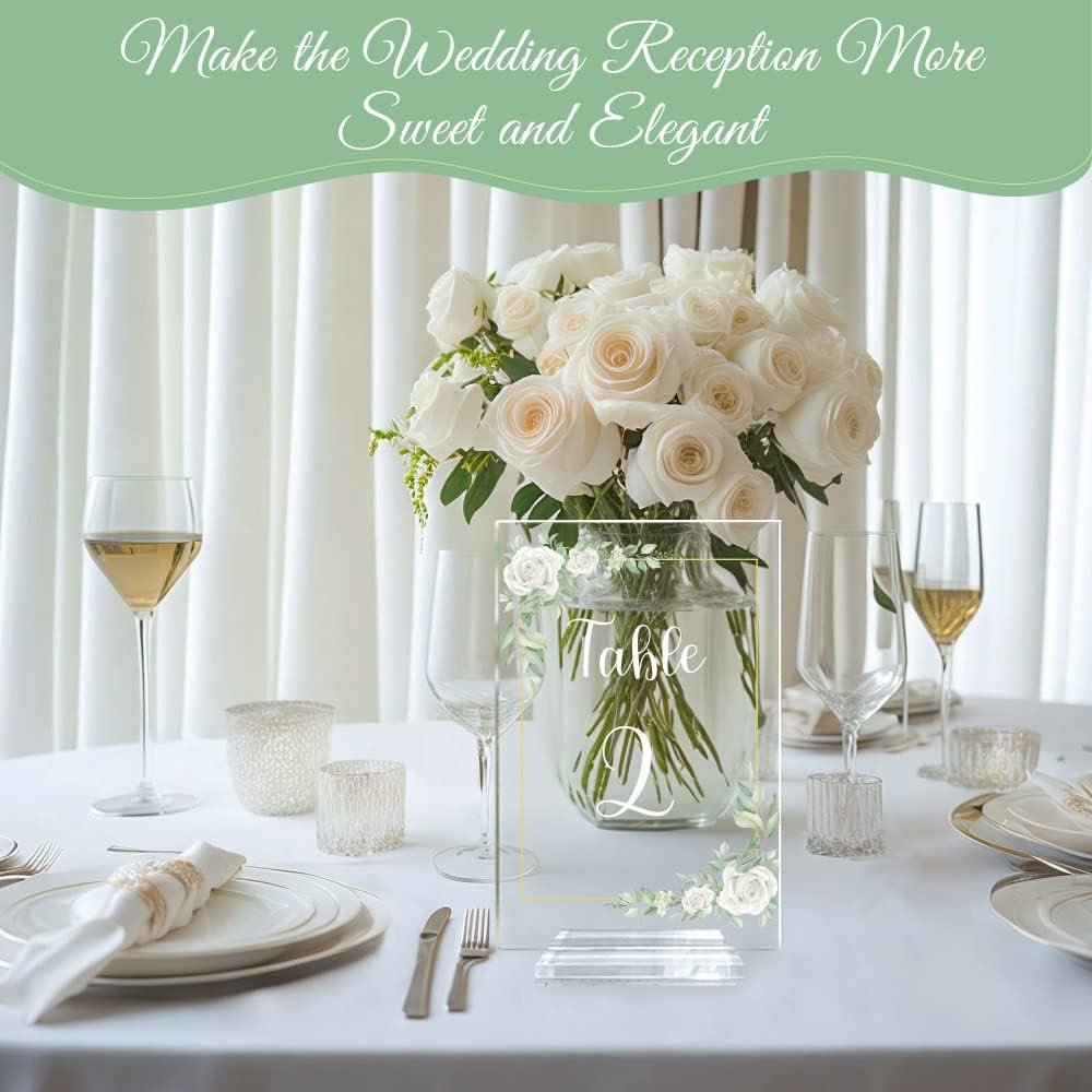 OurWarm White Rose Acrylic Wedding Table Numbers 1-20, 4x6 Inch Printed Calligraphy Table Number with Stands, Clear Numbers Signs and Holders, Perfect for Wedding Reception Anniversary Event