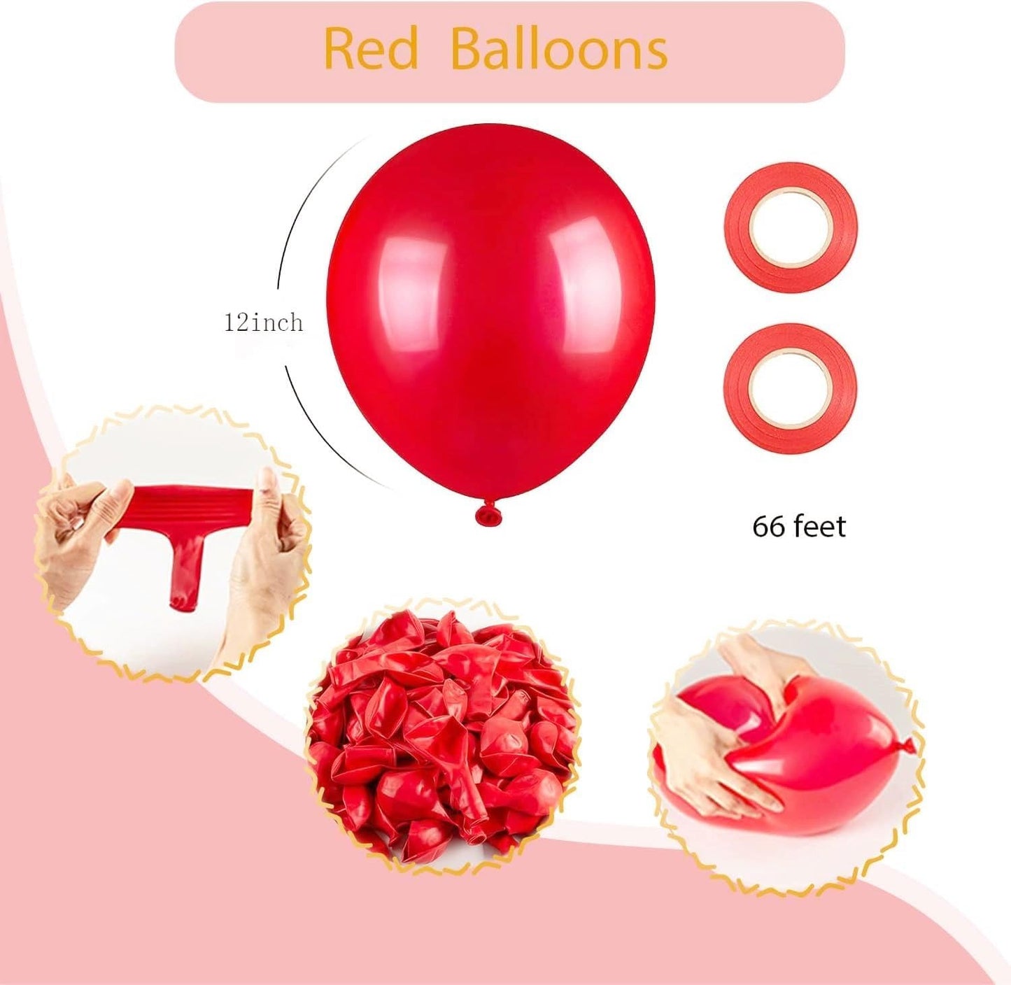 100pcs Red Balloons, Helium Quality 12 inch Red Latex Party Balloon for Birthday, Anniversary, Christmas, Racing Theme & Casino Party Decor (66ft Ribbons)