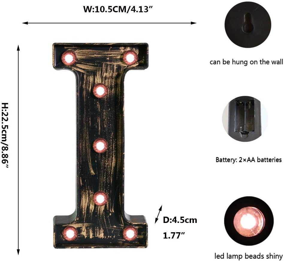 OYCBUZO Golden Black Led Marquee Letter - Industrial, Vintage Style Light Up Alphabet Letter Sign for Cafe Wedding Birthday Party Christmas Lamp Home Bar Initials Decor - I