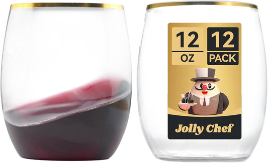 JOLLY CHEF 12 Pack 12oz Gold Plastic Wine Glasses Stemless, Gold Disposable Wine Cups, Premium Quality, Recyclable, Unbreakable, Crystal and BPA-Free for Party