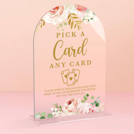 Acrylic Wedding Signs, Bridal Shower Decorations, Pick A Card Signs for Reception, Modern Calligraphy Arch Acrylic Table Top Sign for Wedding Reception and Engagement Parties (Clear Pink Flowers)