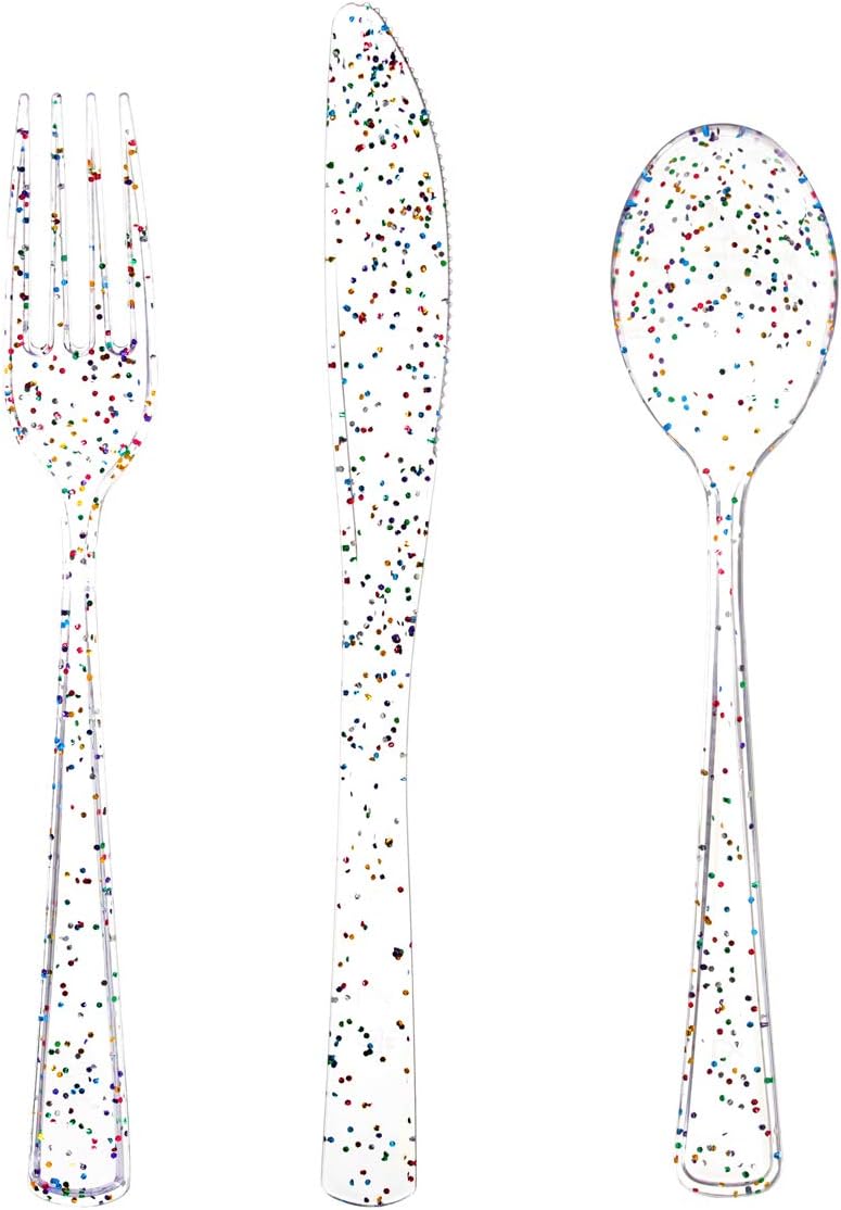 Supernal 360pcs Clear Plastic Silverware, Glitter Disposable Cutlery with Colorful Design,120 Forks,120 Knives,120 Spoons,Perfect for Parties Birthday