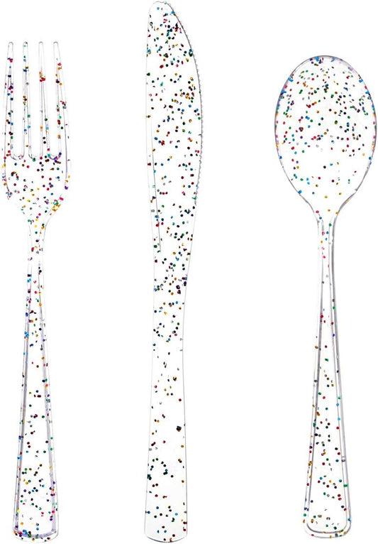 Supernal 360pcs Clear Plastic Silverware, Glitter Disposable Cutlery with Colorful Design,120 Forks,120 Knives,120 Spoons,Perfect for Parties Birthday