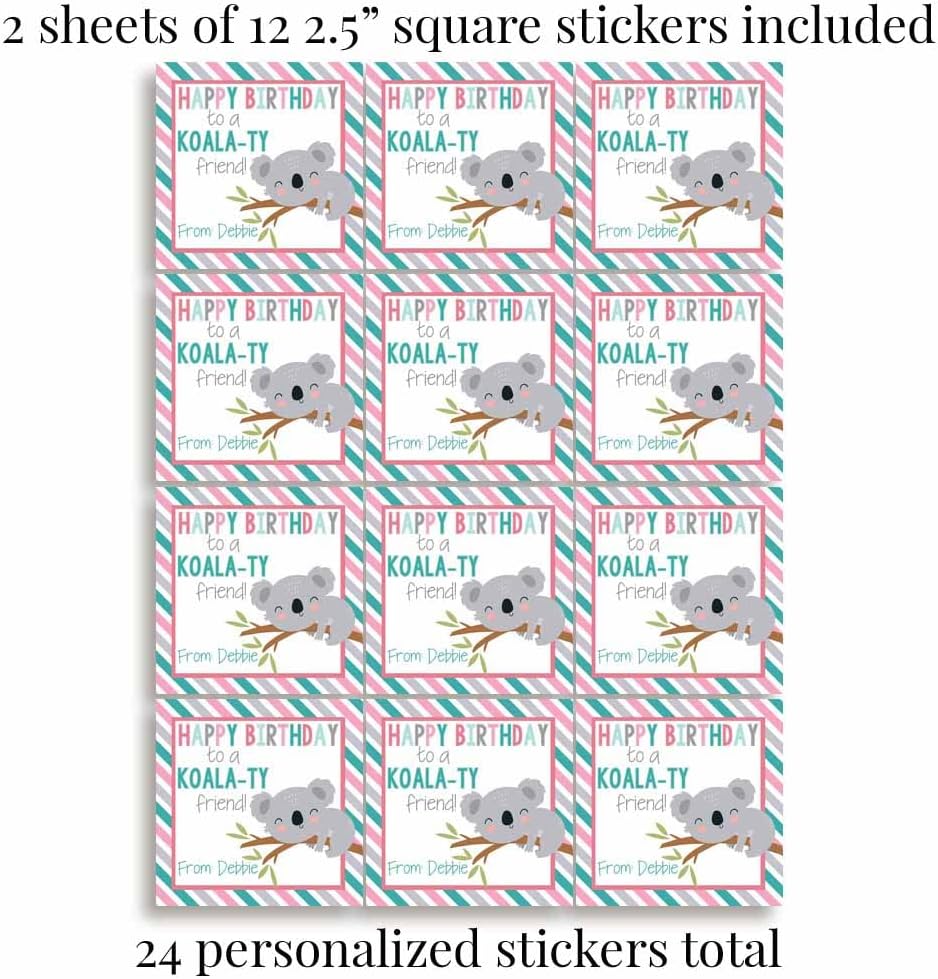 Custom & Personalized Cute Koala Happy Birthday Gift Tag Sticker Labels, 24 2.5" Square Stickers by Amanda Creation