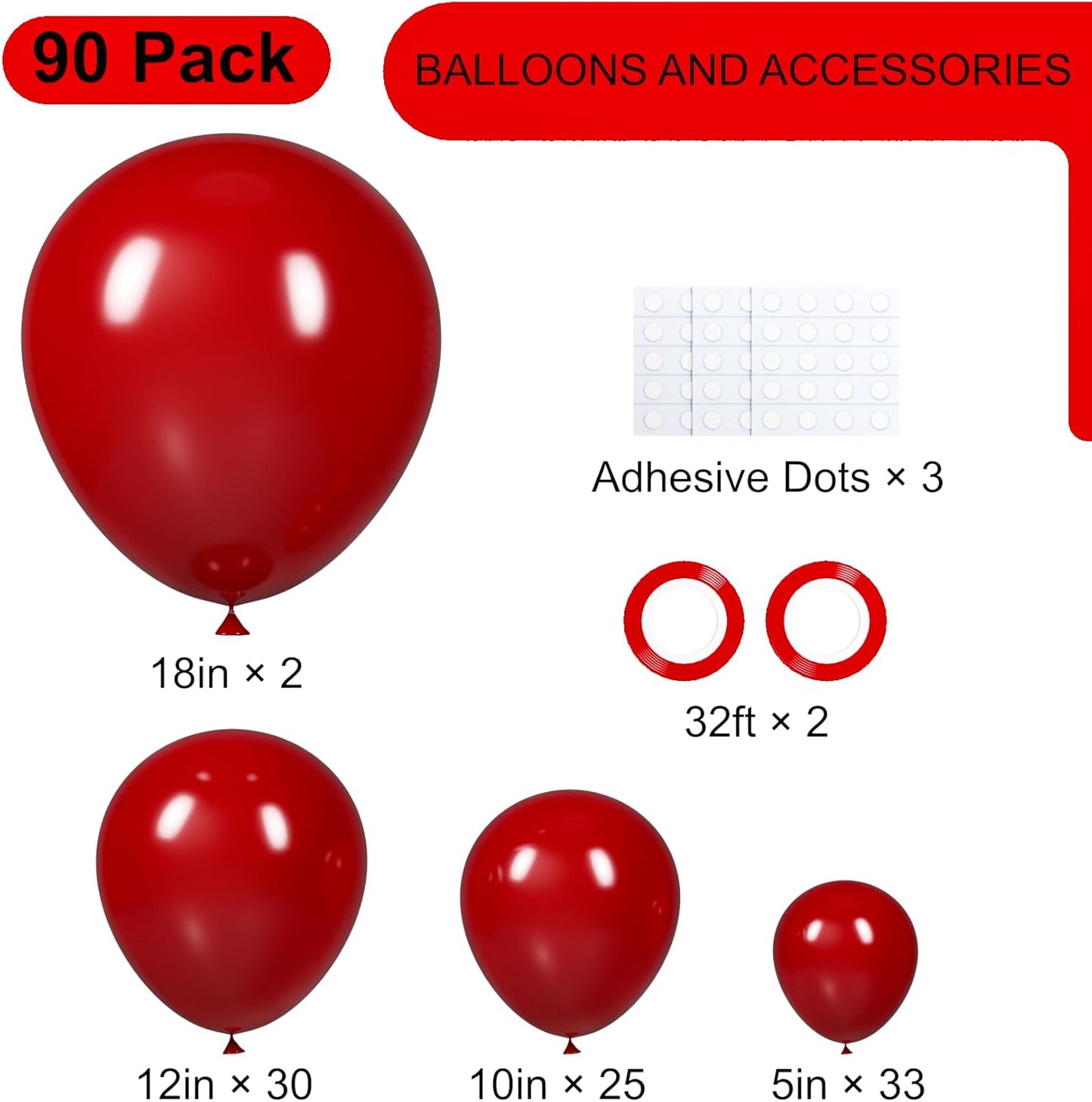 90pack Ruby Balloons Different Size 18/12/10/5 Inch Ruby Balloon Garland Arch Kit for Graduation, Wedding, Birthday, Princess Them, Valentine's Day, Anniversary Party Decorations