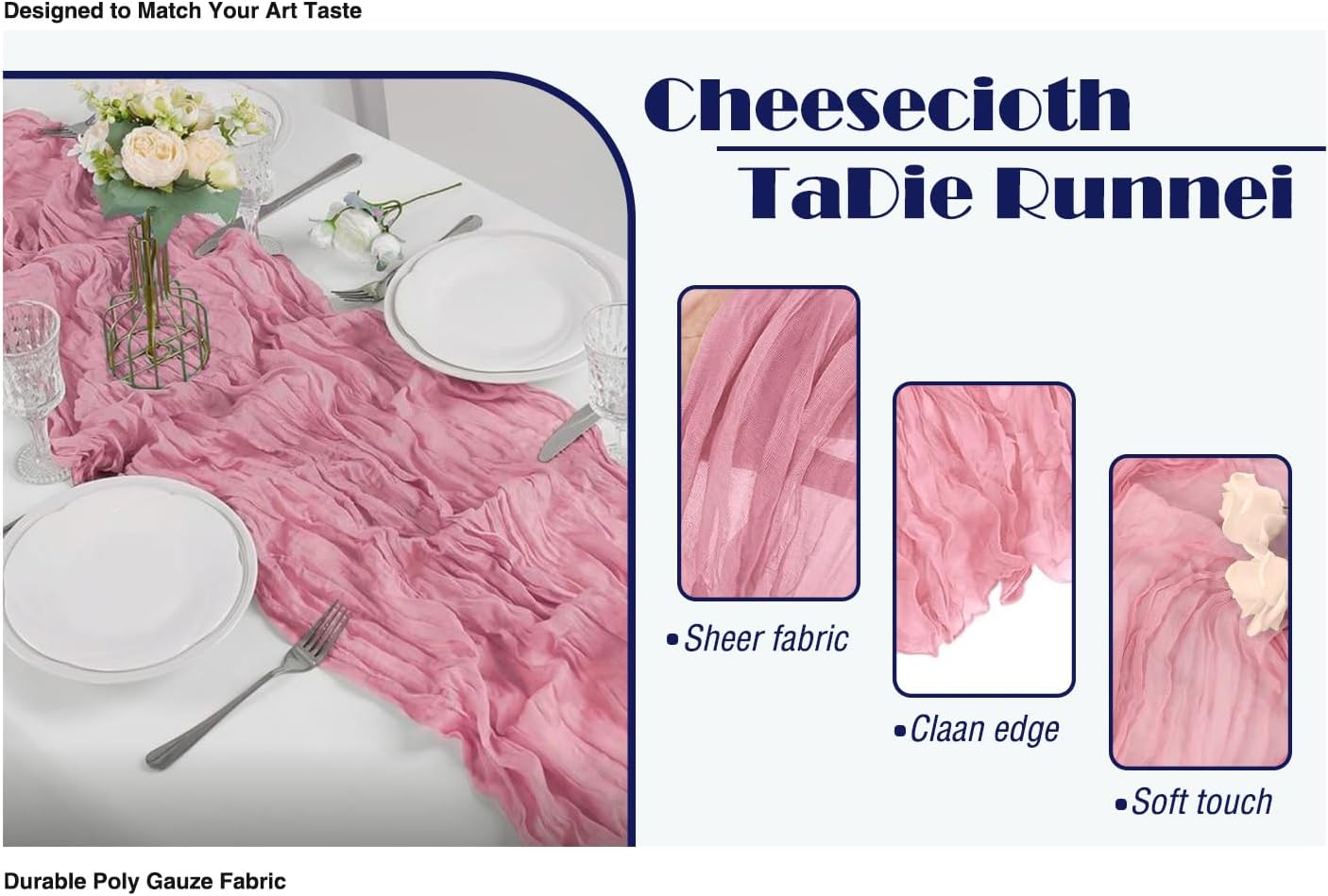 6 Pack Dusty Rose Cheesecloth Table Runner 20x120 Inch Boho Wrinkled Sheer Romantic Gauze Decor for Wedding, Bridal Shower, Birthday Party