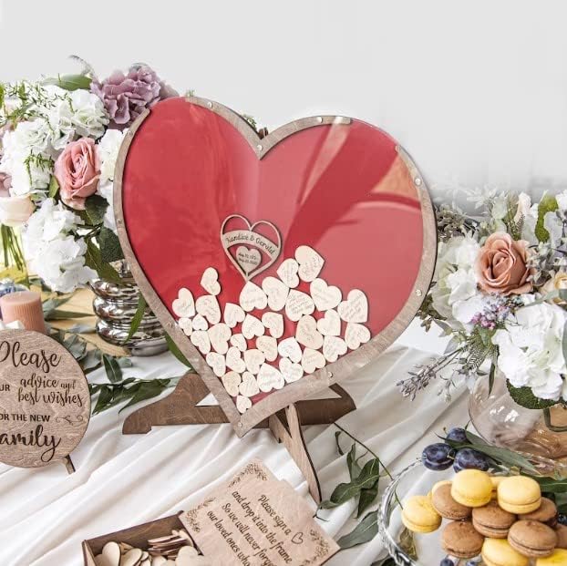 Rustic Personalized Wedding Guest Book: Heart Drop Design, Heart, Circle & Rectangle Frames. Premium Wooden Drop Box, Unique Bridal Decor & Gift